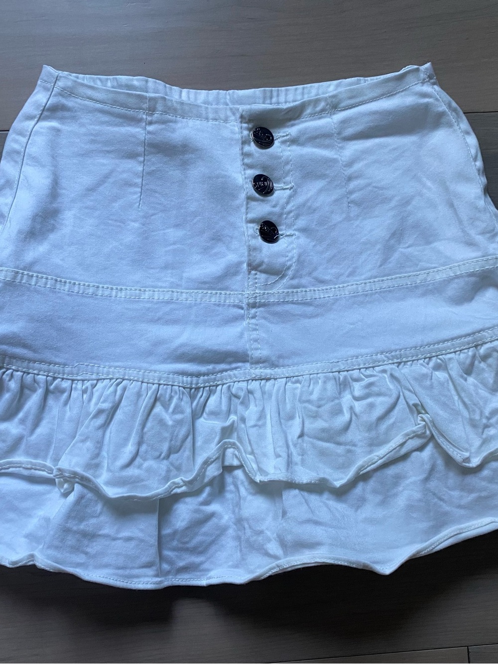 Tiered Ruffle White Mini Skirt with Button Front